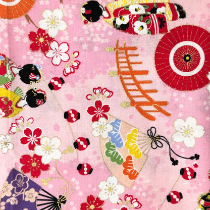 Multicolor on Pink with Gold Accents Asian Theme Print Cotton: 1 yd
