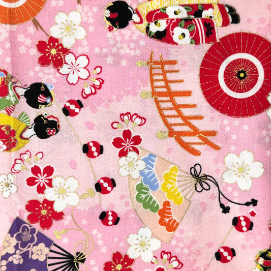 Multicolor on Pink with Gold Accents Asian Theme Print Cotton: 1 yd