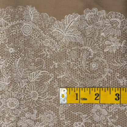 Tan With White Floral Lace Print Cotton: 2 yds