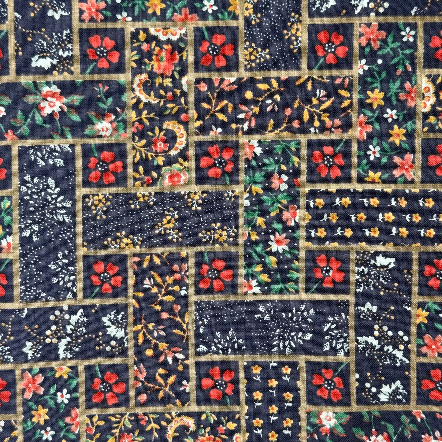 Multicolor Floral on Black Tiles Print Cotton: 2 yds