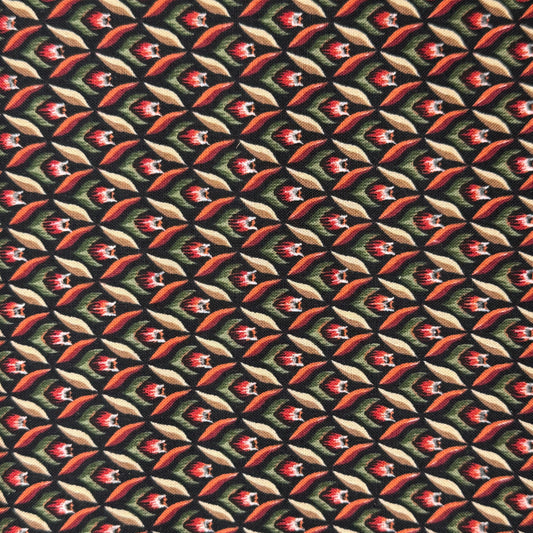 Red/Green/Tan on Black Tulip/Geometric Print Cotton: 2 yds