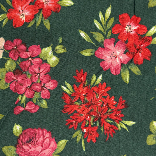 Green With Pink & Red Floral Cotton: 2 yds