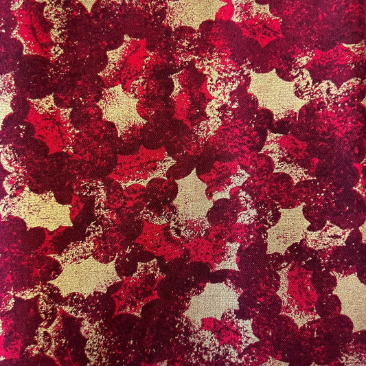 Red & Gold Holly Leaves Cotton: 2 yds