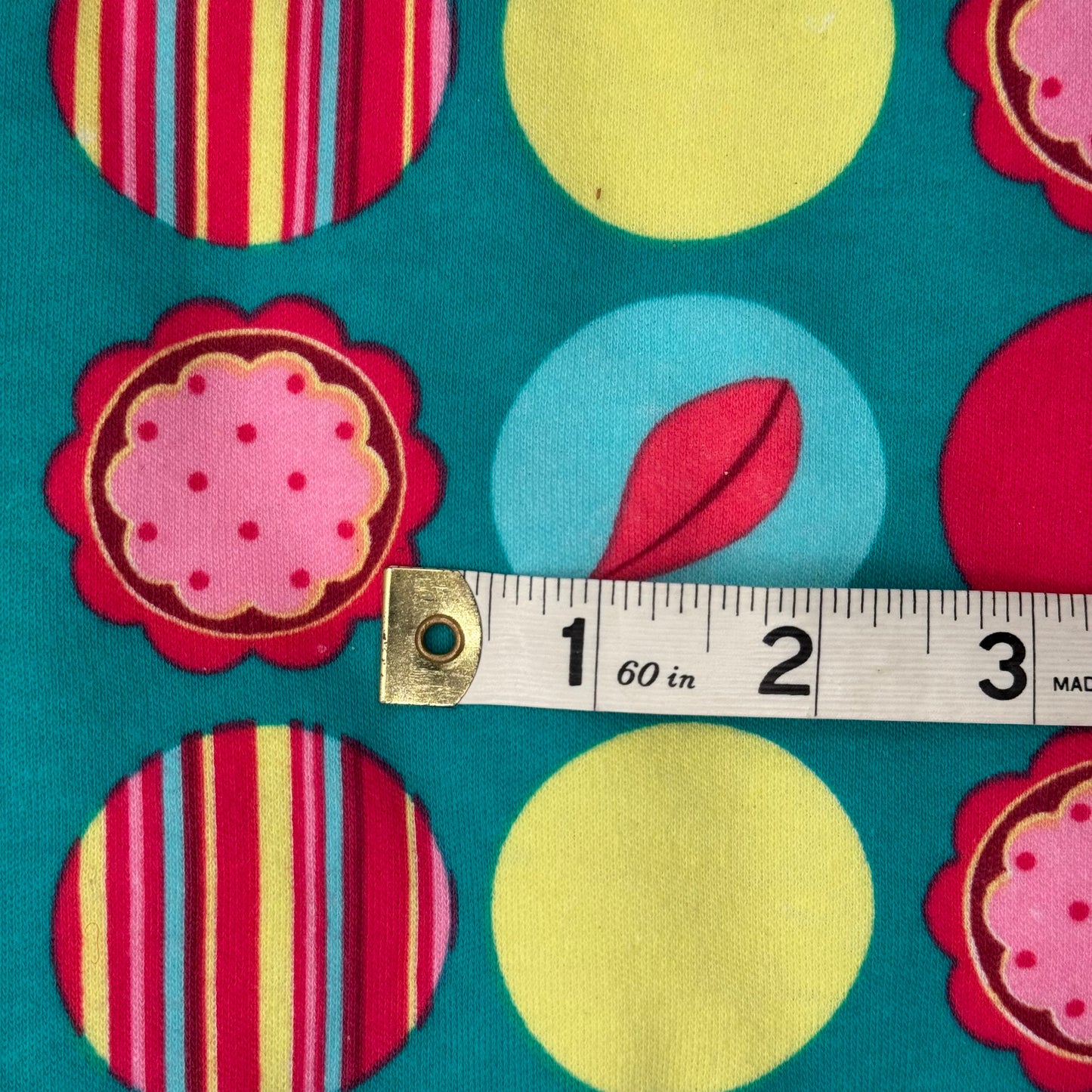Multicolor on Teal Novelty Geometric Print Cotton Lycra Blend: 2 yds