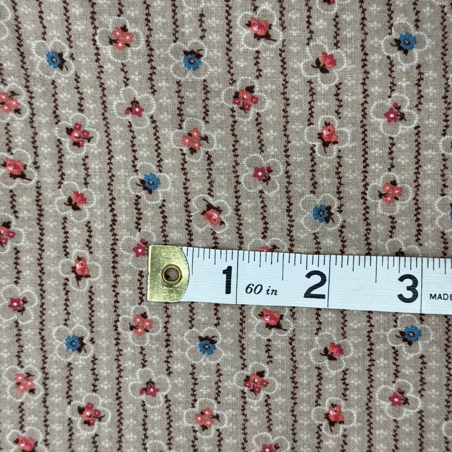 Tan/Brown/Ivory Stripe with Multicolor Floral Print Cotton: 4 yds