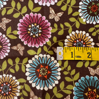 Brown with Pink, Blue & Yellow Floral Cotton: 1 yd