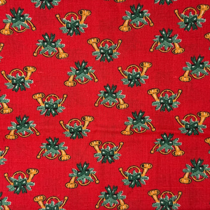 Red With French Horns & Holiday Greenery Cotton: 1 yd