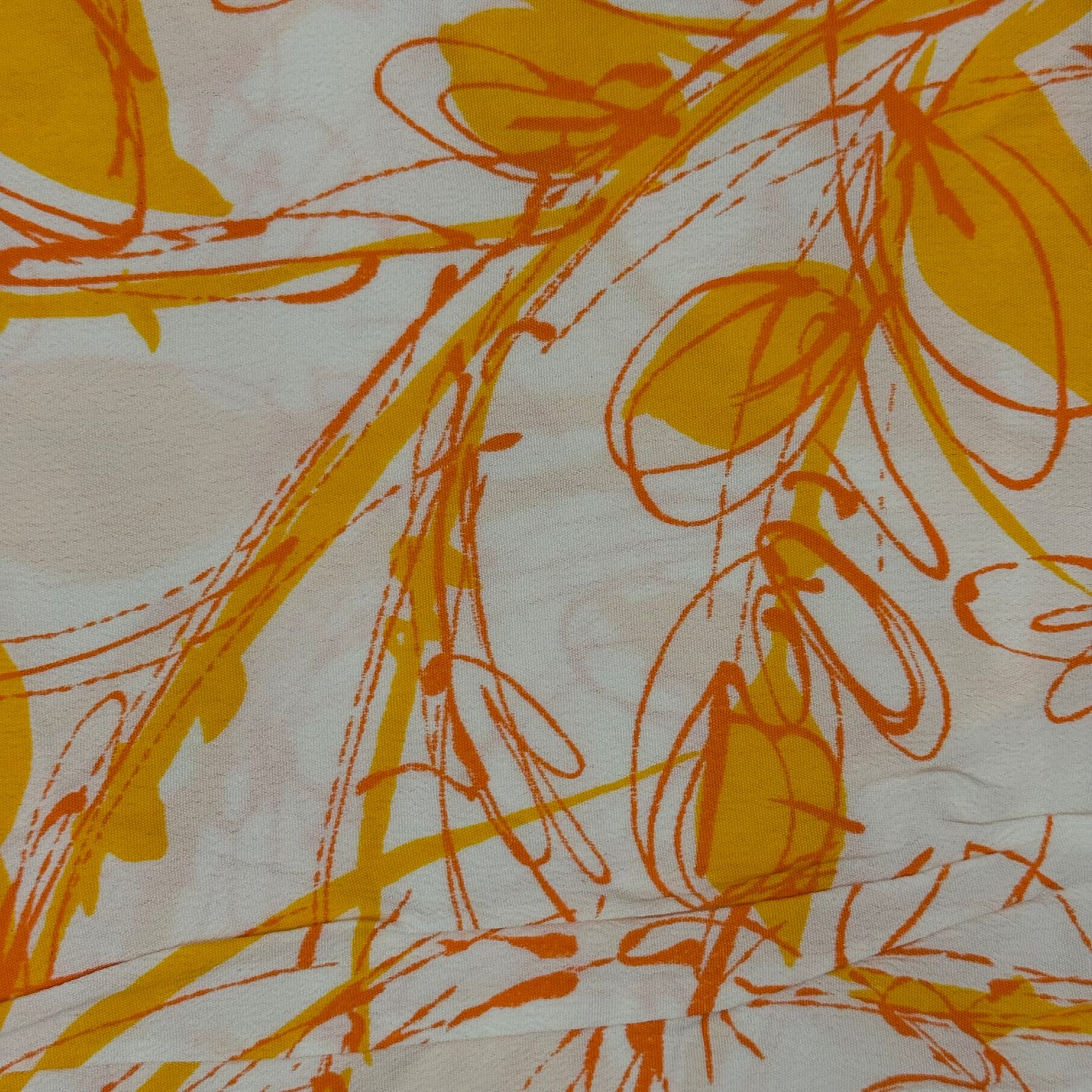 Yellow/Orange on White Abstract Print Crepe Poly: 1.75 yds
