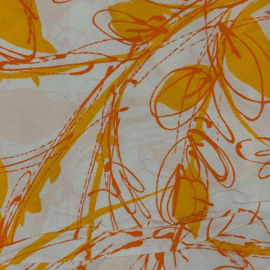 Yellow/Orange on White Abstract Print Crepe Poly: 1.75 yds