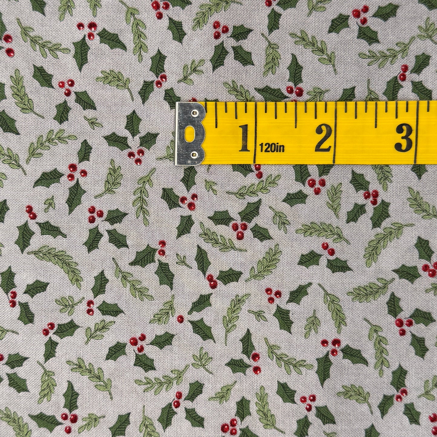 Gray With Holly Leaves & Berries Cotton: 1.75 yds