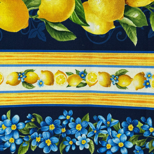 Yellow/Blue/Green Lemon/Floral Stripe Print Home Decor Cotton: 1 yd