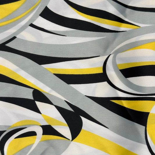 Lightweight Black/Gray/Yellow on White Woven Abstract Design Poly Sateen: 1.5 yds