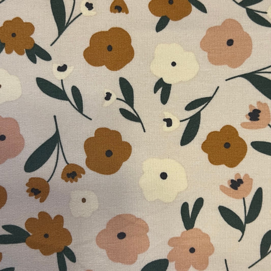 Pink, Tan & White Floral Jersey: 1 yd