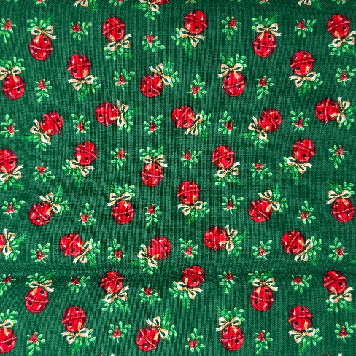 Green With Red Jingle Bells Cotton Blend: 2 yds