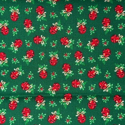Green With Red Jingle Bells Cotton Blend: 2 yds