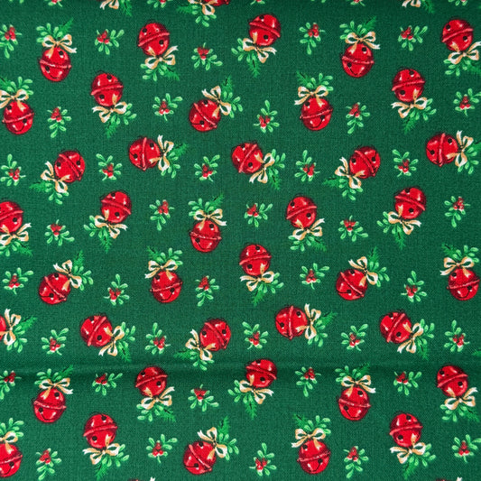 Green With Red Jingle Bells Cotton Blend: 2 yds