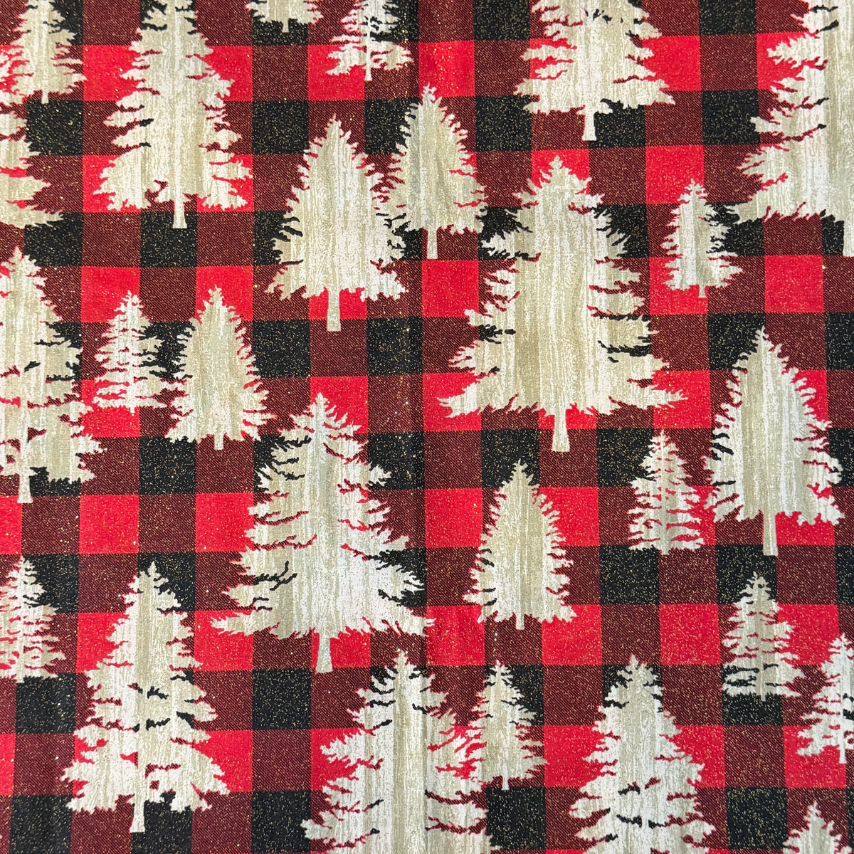 Sparkly Buffalo Plaid With Christmas Trees Cotton: 2.5 yds