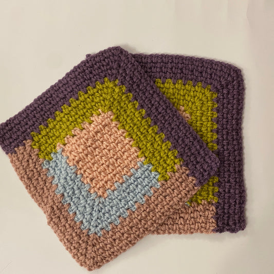 Purple, Blue, Pink & Green Crochet Squares: 13 9-Inch Squares + Yarn