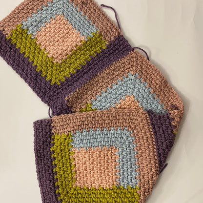 Purple, Blue, Pink & Green Crochet Squares: 13 9-Inch Squares + Yarn